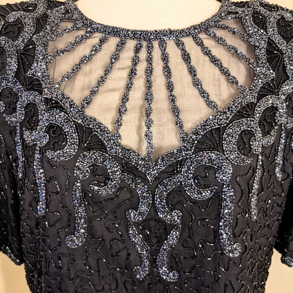 Vintage Black & Silver Beaded Top with Sheer Cut Out Neckline - Picture 3 of 6